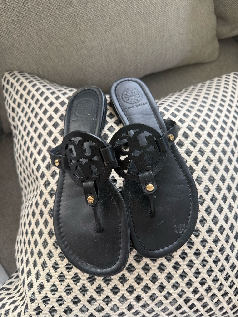 Tory Burch Black Logo Thong Sandals with Gold Accents
